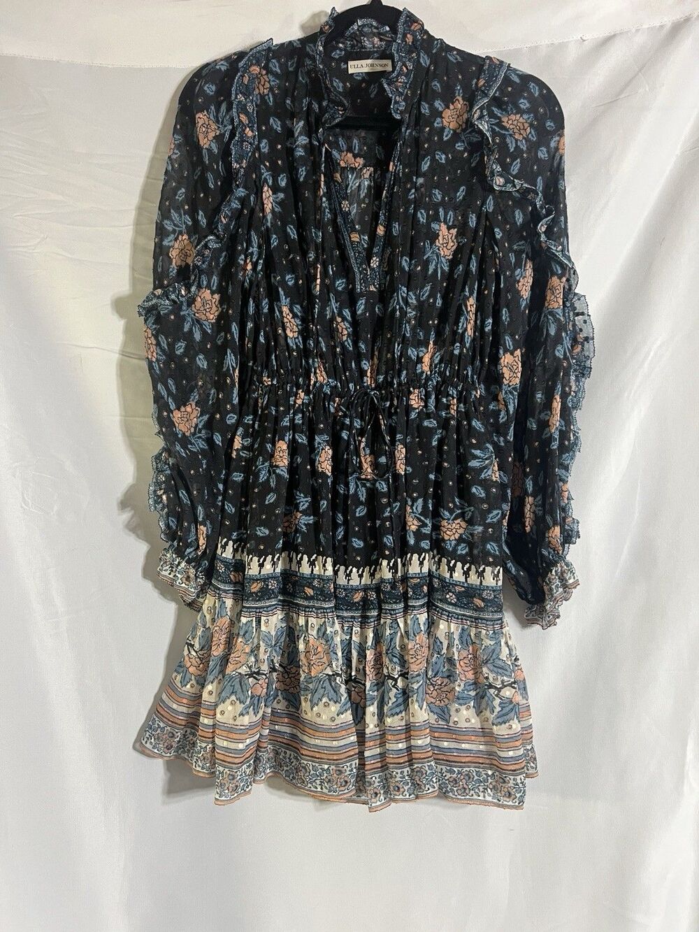 Ulla Johnson Romilly Dress Women's 0 Black Blue Floral Long Sleeve Chiffon